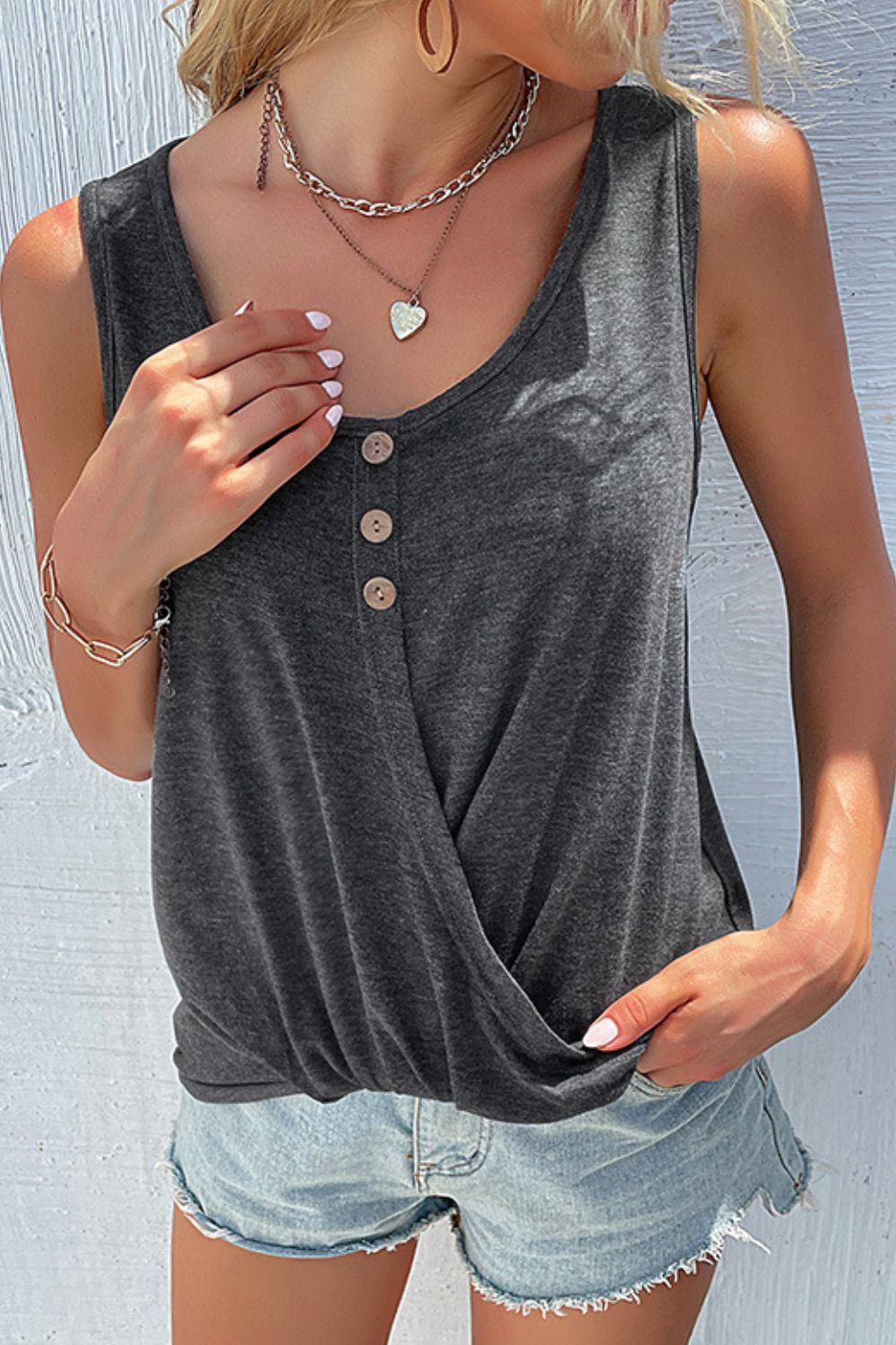 Decorative Button Twisted Scoop Neck Tank