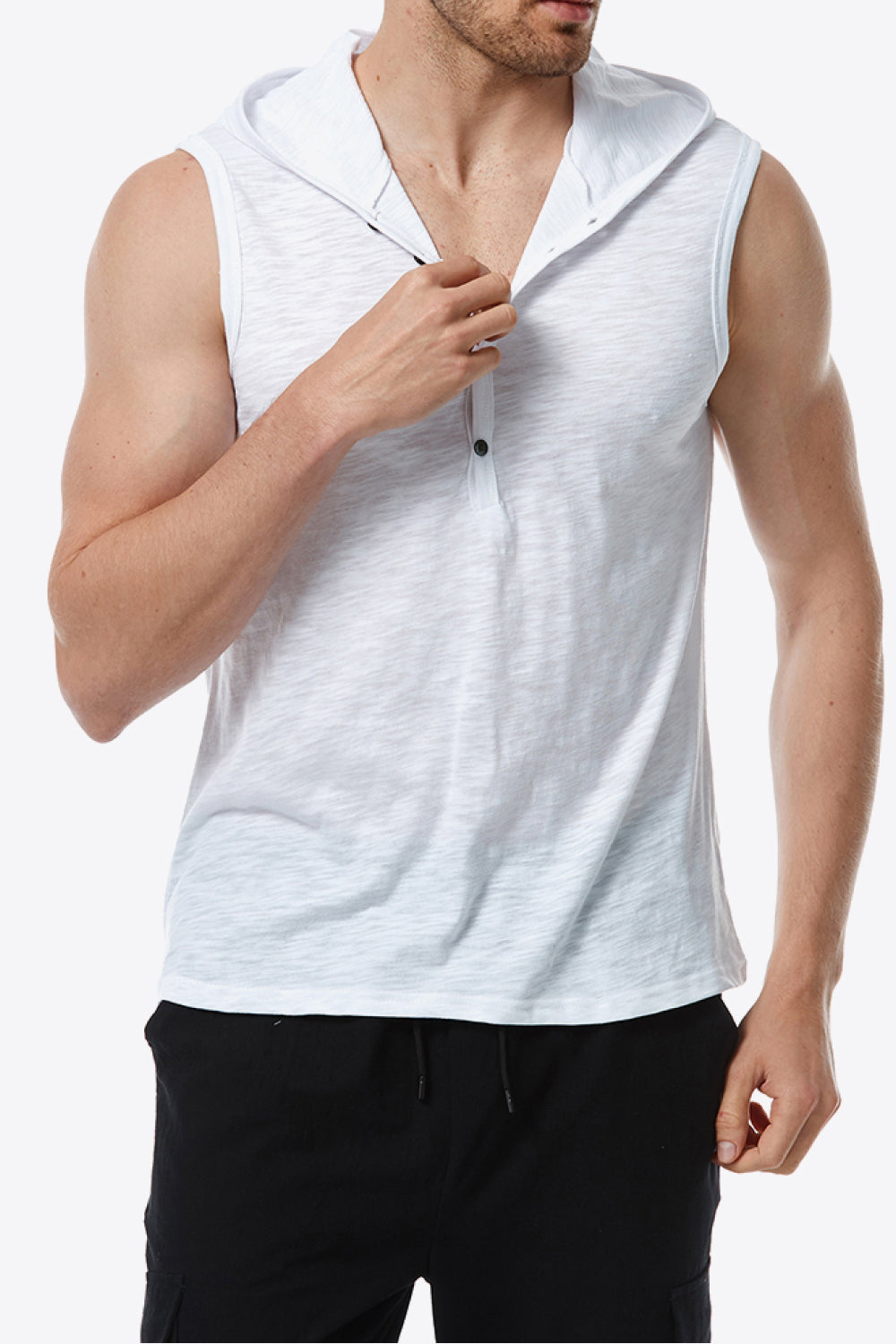 Quarter-Button Sleeveless Hoodie