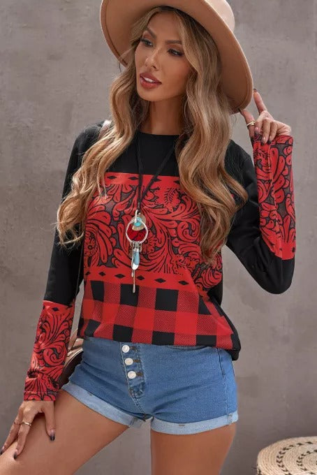 Mixed Print Color Block Long Sleeve Top