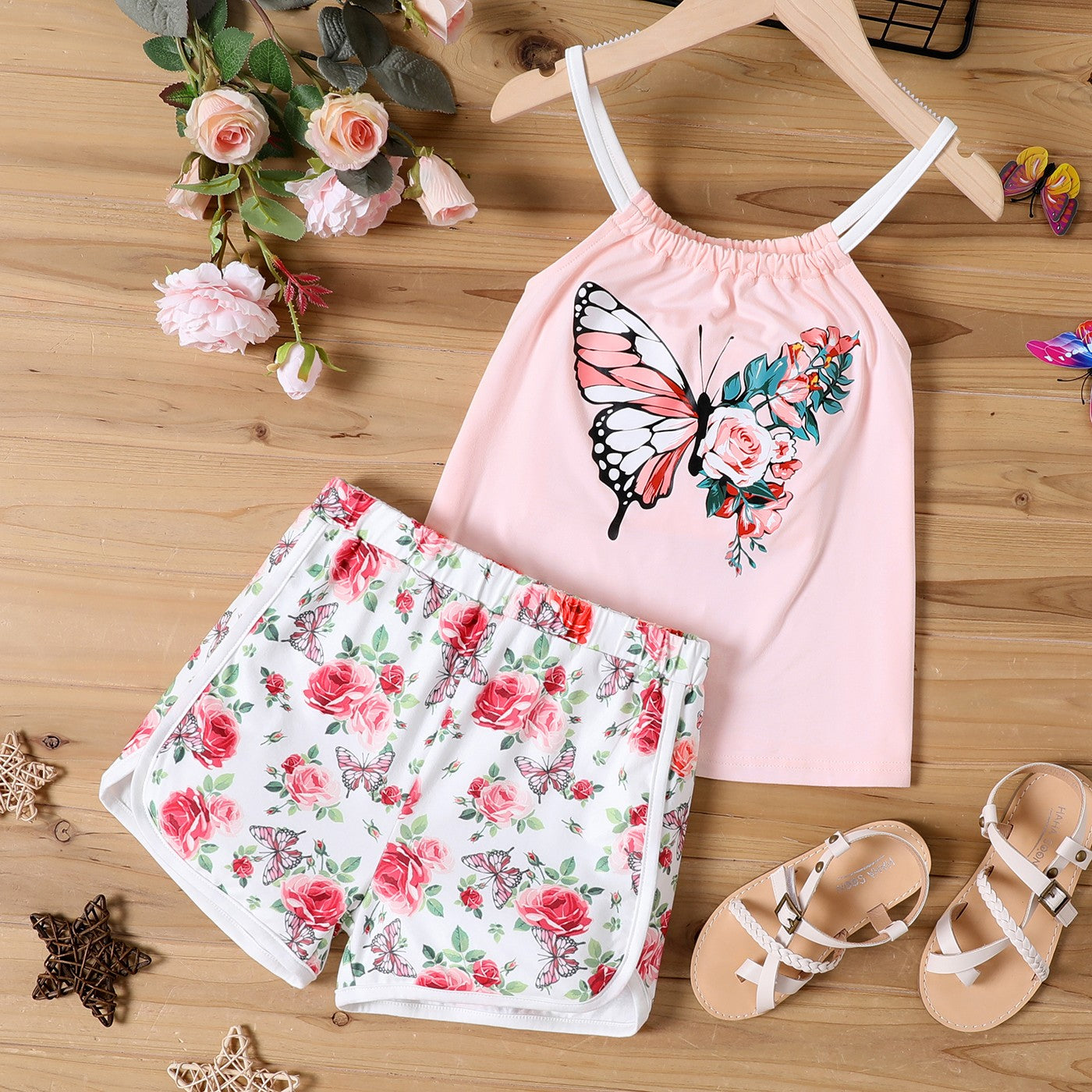 Girls Butterfly Graphic Cami and Floral Shorts Set