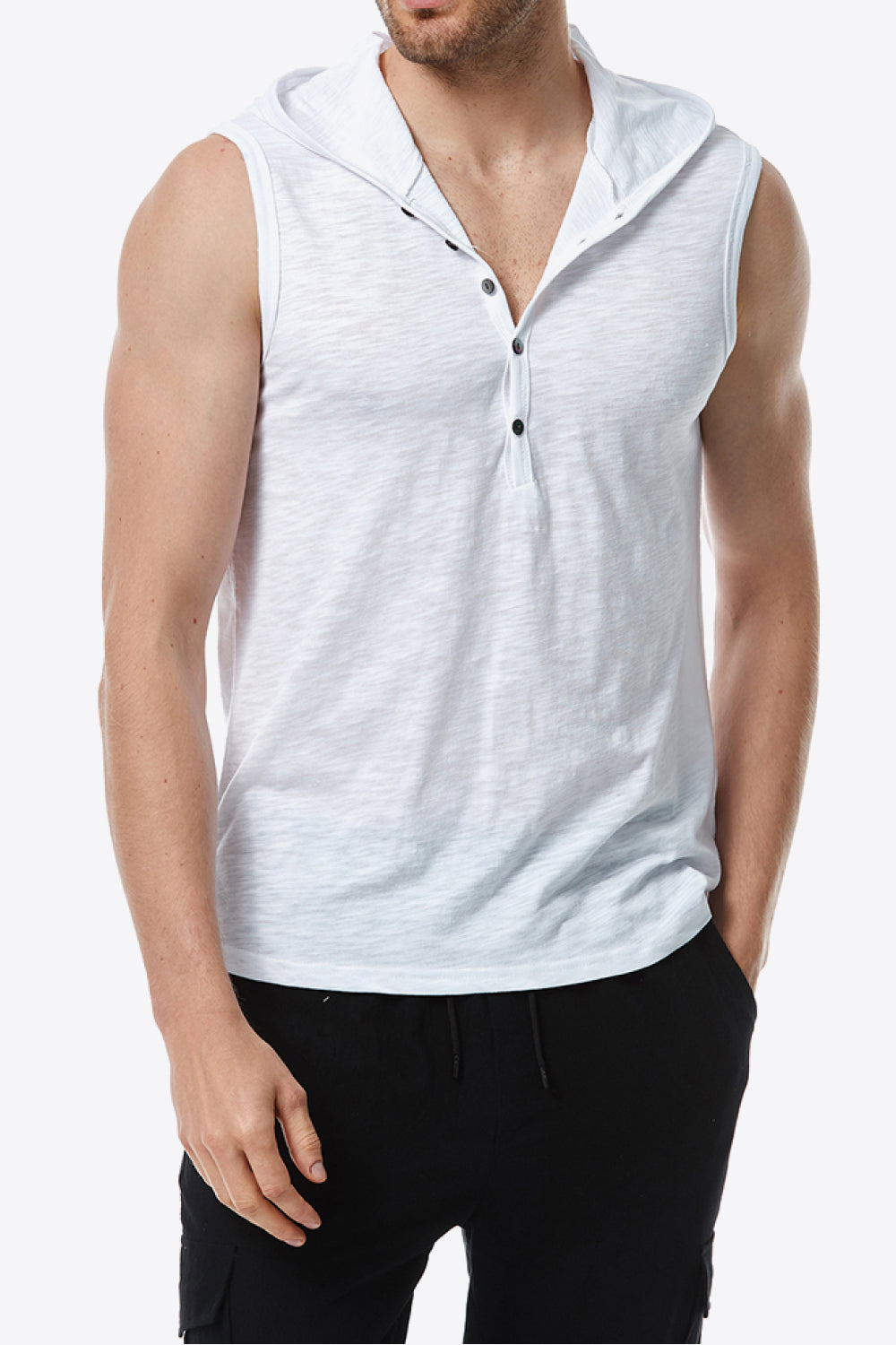 Quarter-Button Sleeveless Hoodie