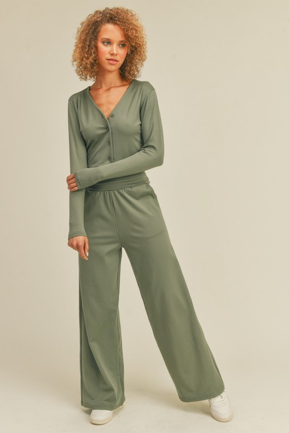 Kimberly C V-Neck Buttoned Top and Wide Waistband Wide Leg Pants Set