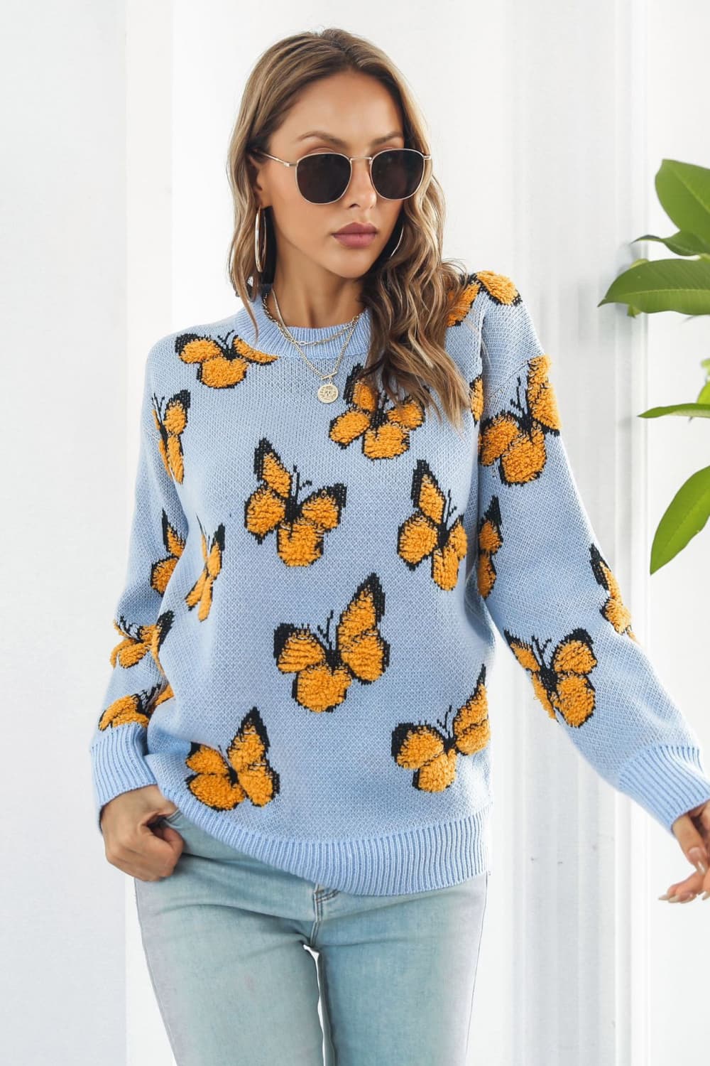 Butterfly Pattern Round Neck Dropped Shoulder Sweater