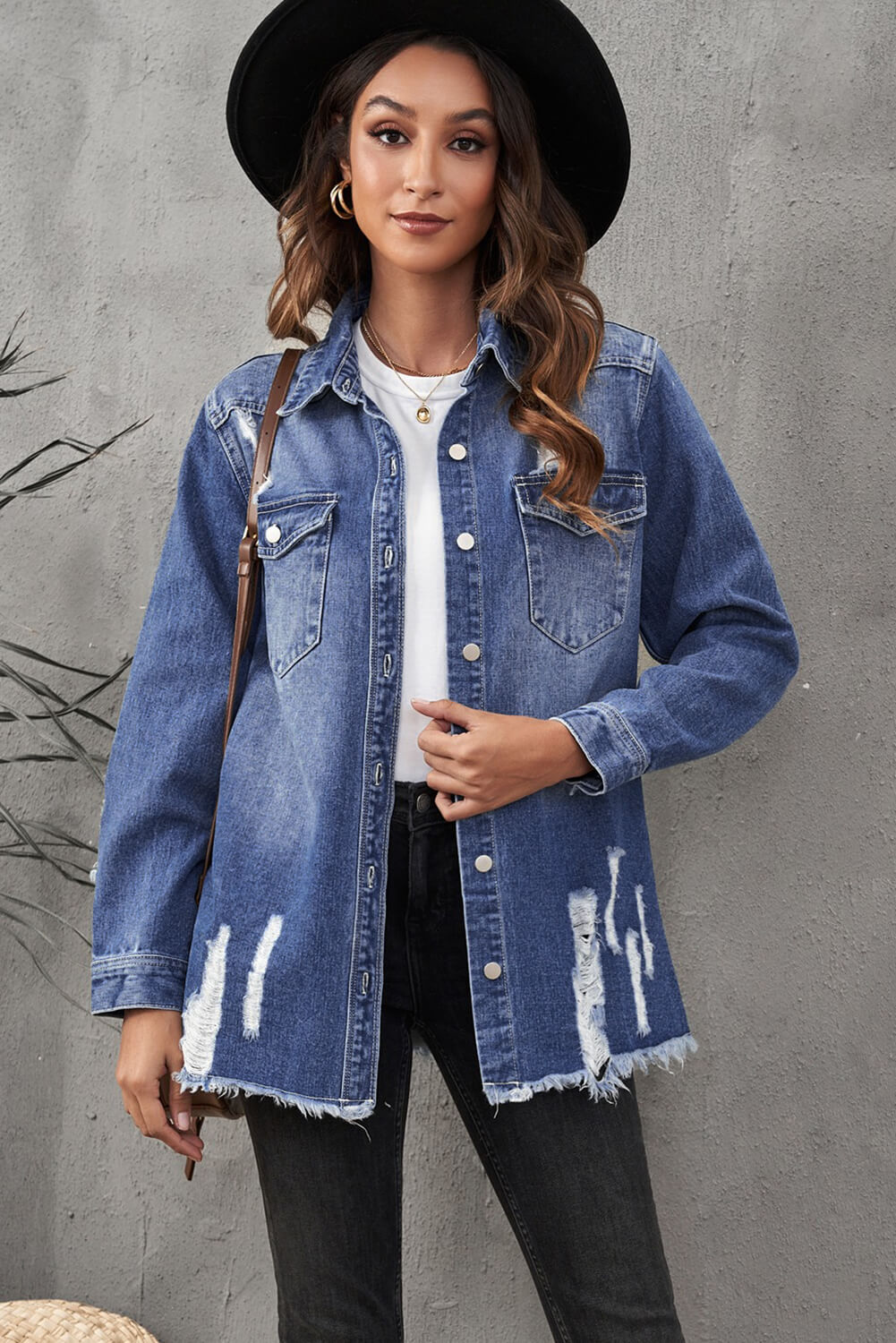 Distressed Raw Hem Denim Jacket with Pockets