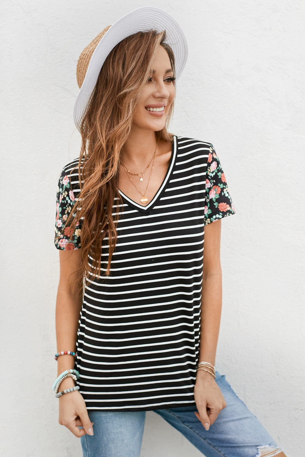 Floral Sleeves Striped T-shirt