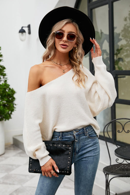 Boat Neck Horizontal Ribbing Dolman Sleeve Sweater