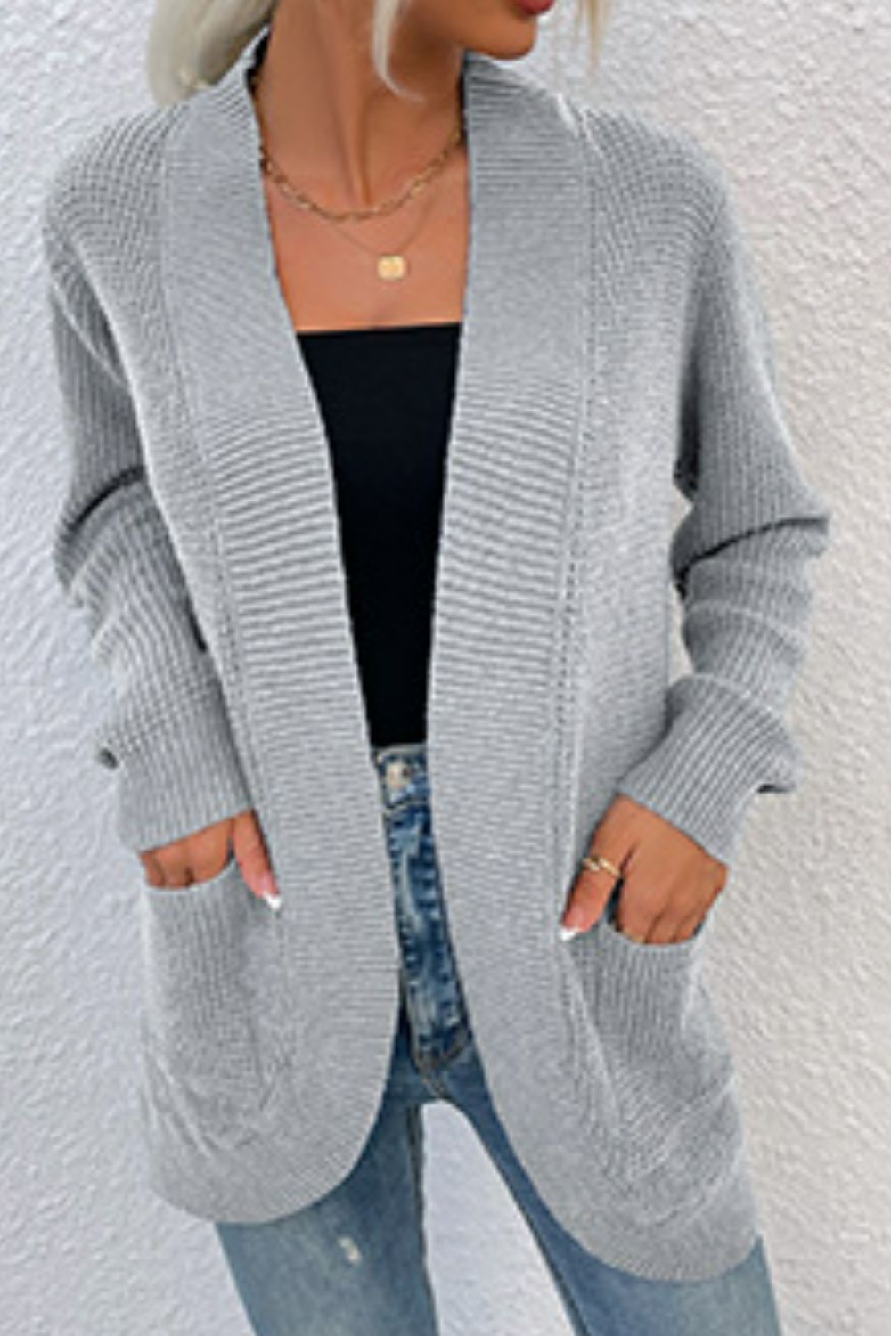 Ribbed Trim Longline Cardigan with Pockets