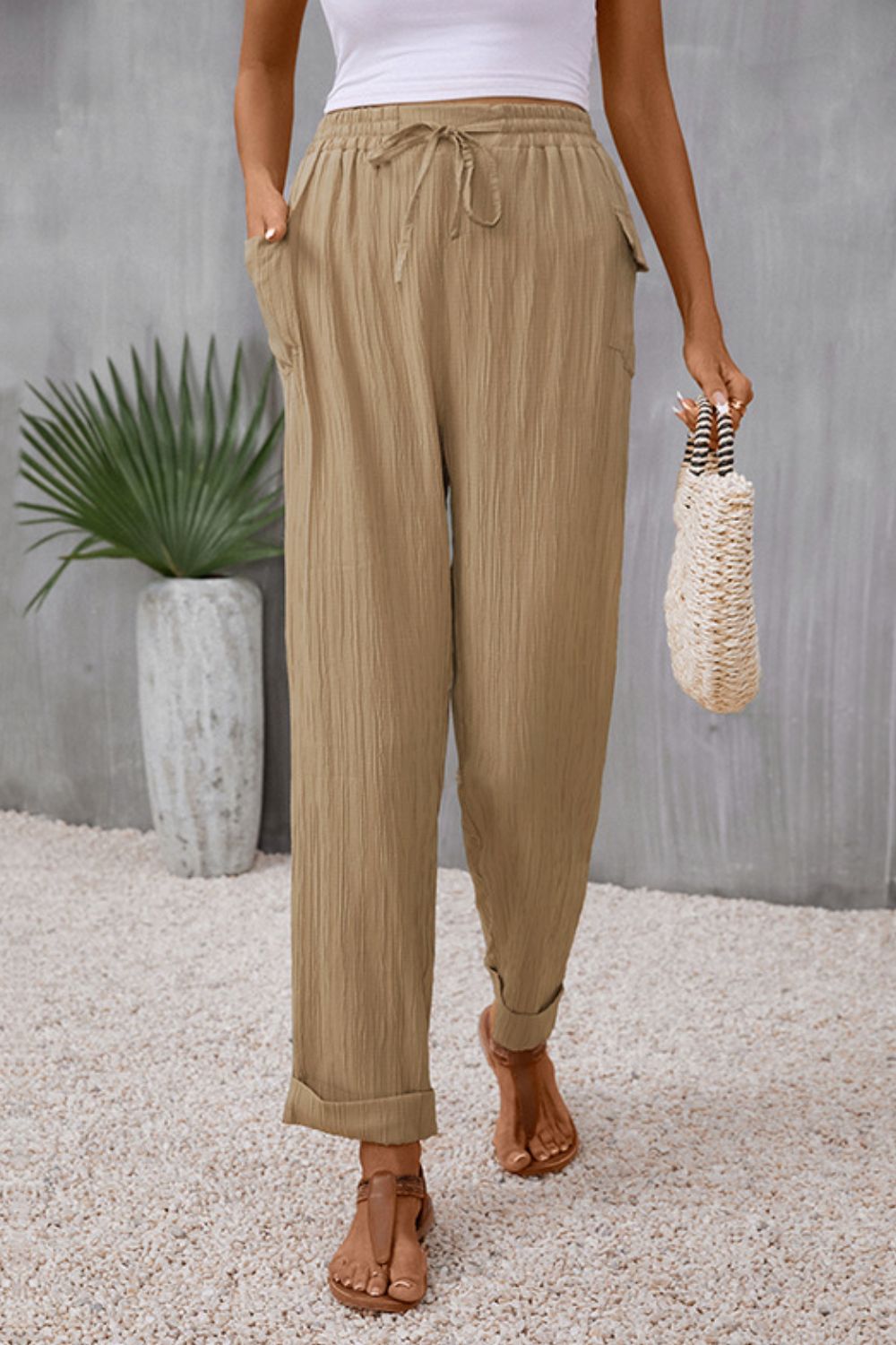 Tie Waist Pocketed Long Pants
