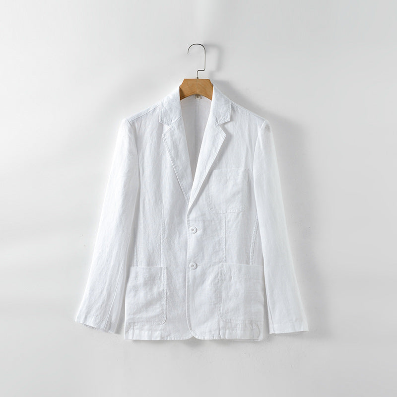 Buttoned Johnny Collar Long Sleeve Linen Blazer with Pockets