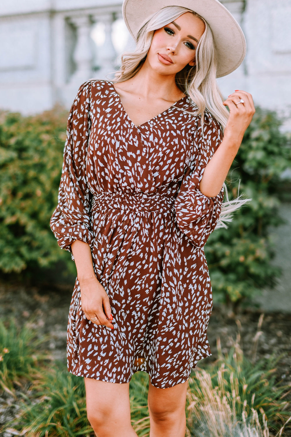 Printed Balloon Sleeve V-Neck Dress