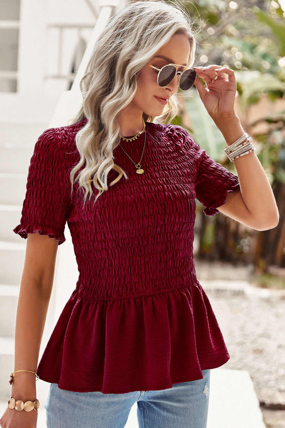 Smocked Round Neck Peplum Blouse