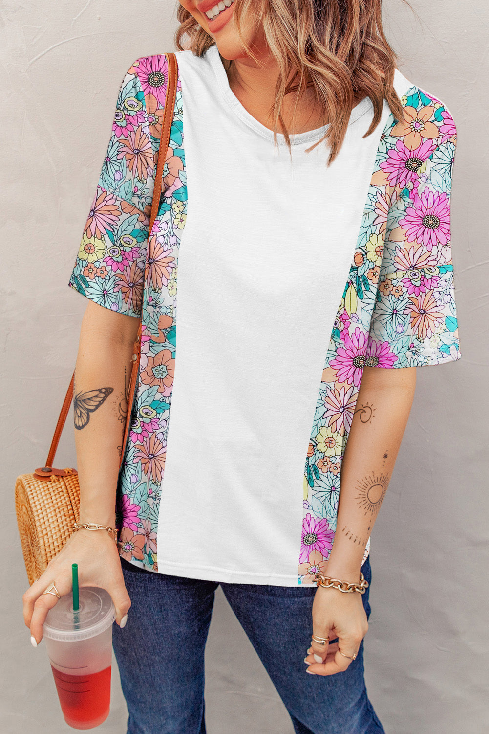 Floral Color Block Round Neck Tee