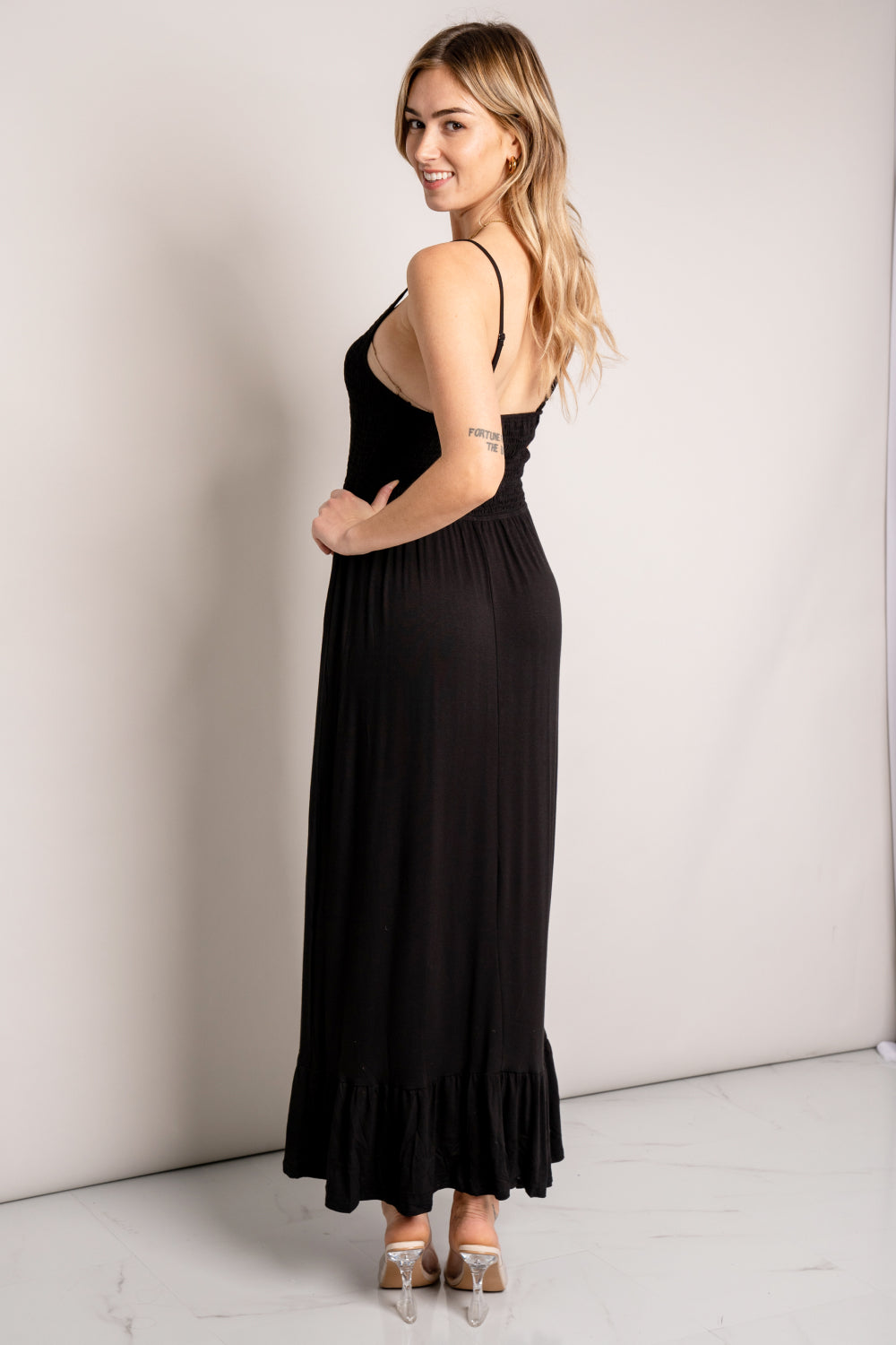 Sassy Look Full Size Spaghetti Strap Smocked Ruffle Hem Maxi Dress