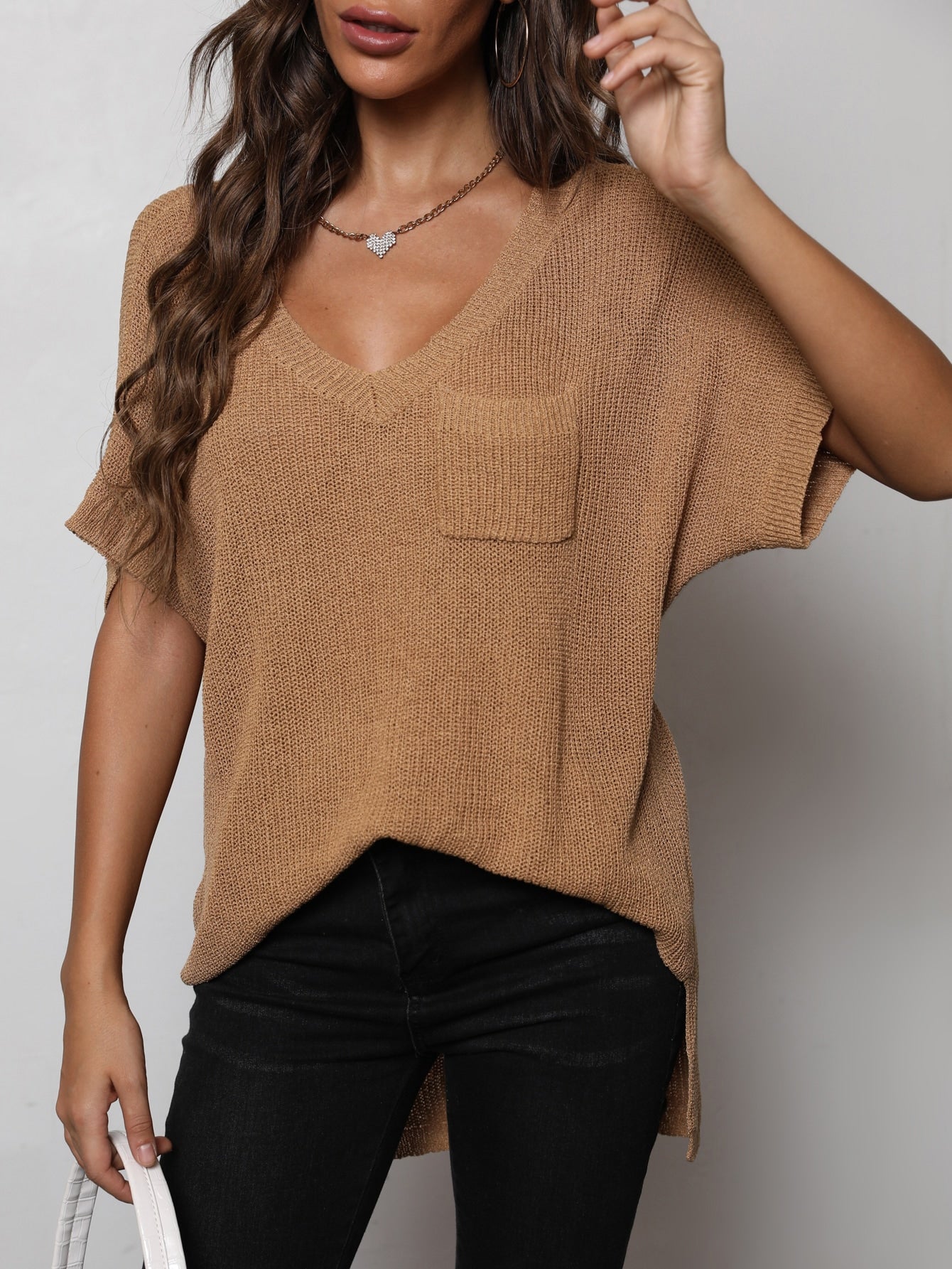 V-Neck Slit High-Low Knit Top