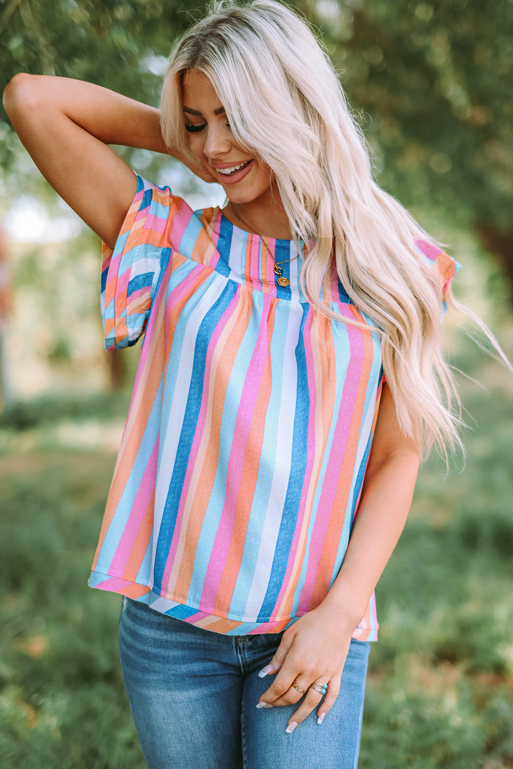 Multicolored Stripe Flutter Sleeve Blouse