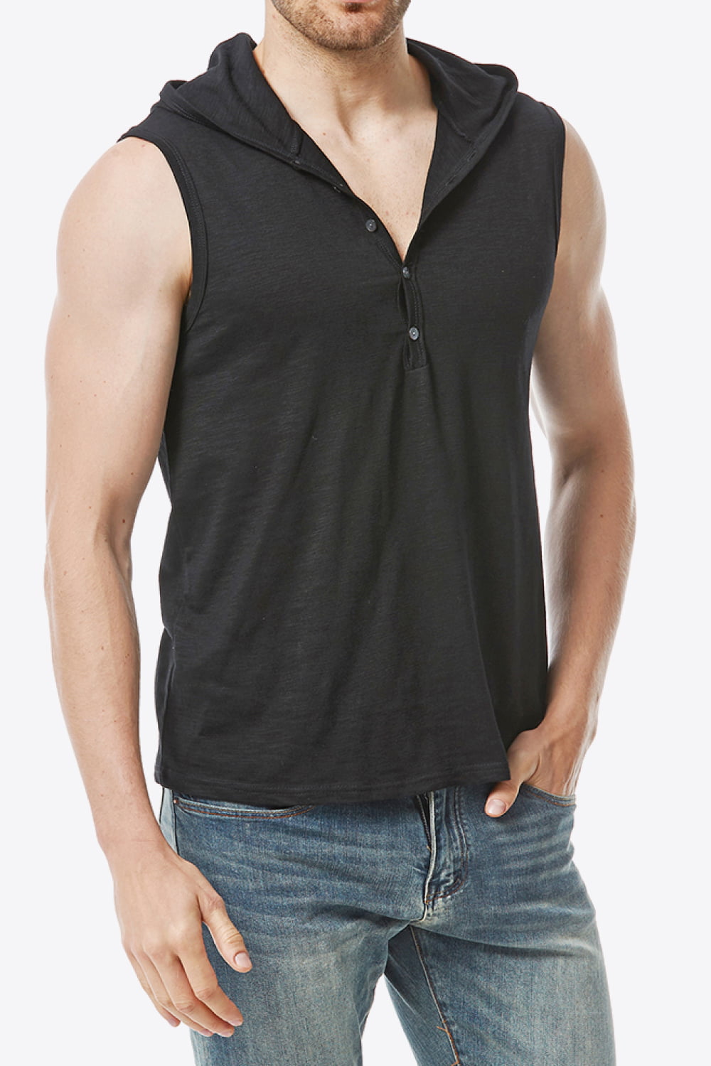 Quarter-Button Sleeveless Hoodie