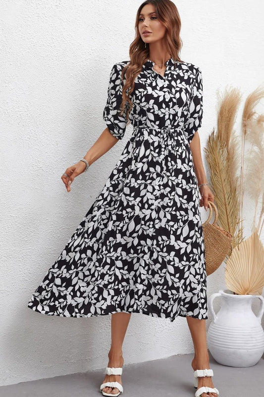 Botanical Print Notched Neck Half Sleeve Dress