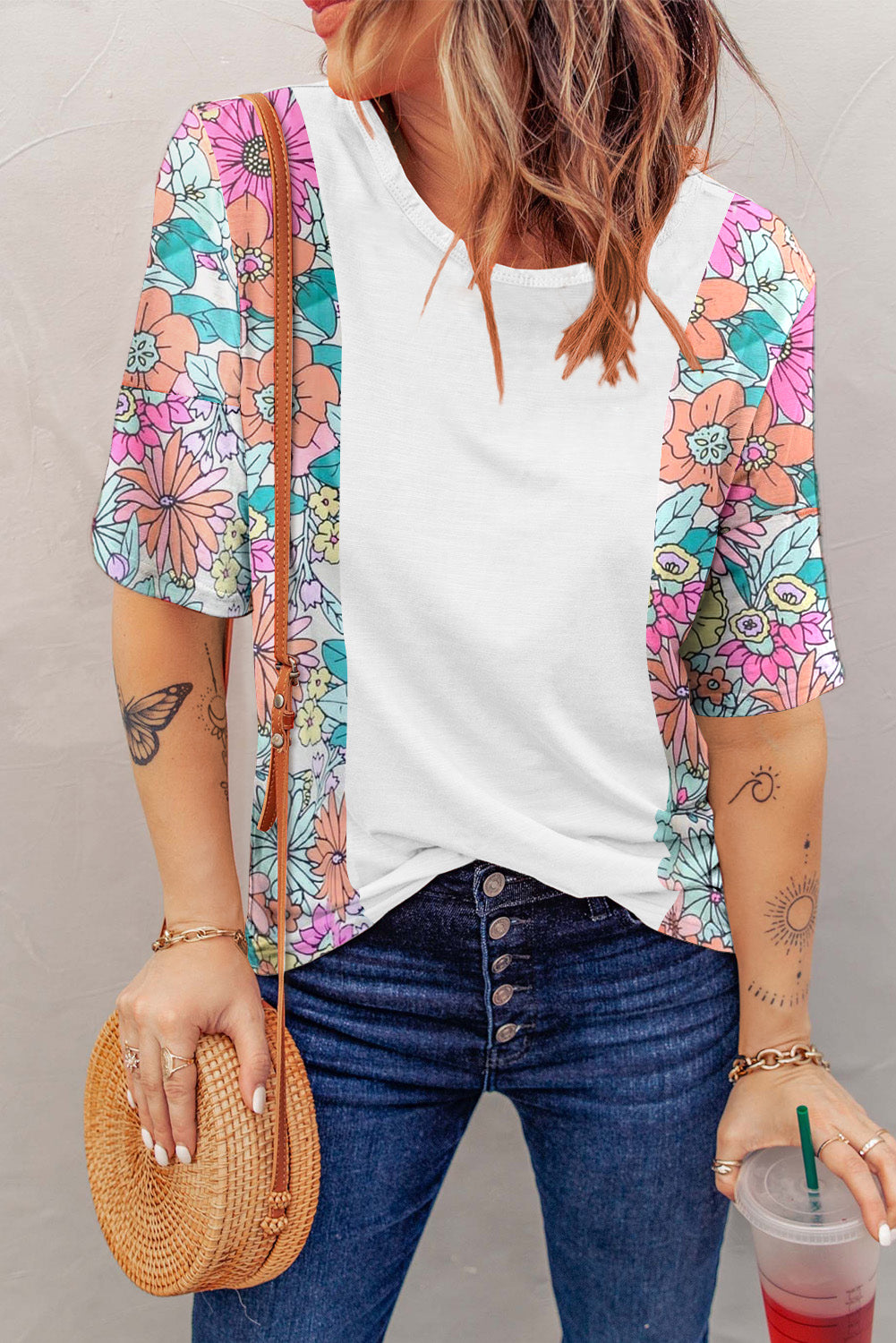 Floral Color Block Round Neck Tee