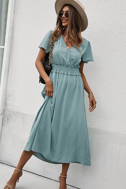 Smocked Waist Surplice Midi Dress