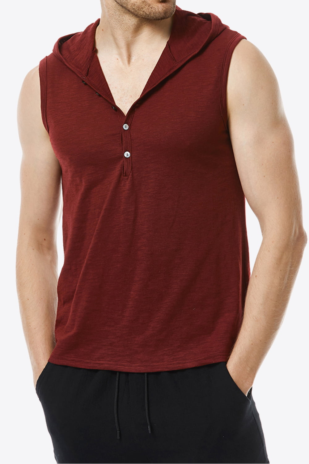 Quarter-Button Sleeveless Hoodie