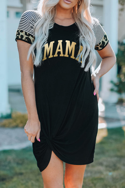 MAMA Graphic Striped Raglan Sleeve Twisted Dress