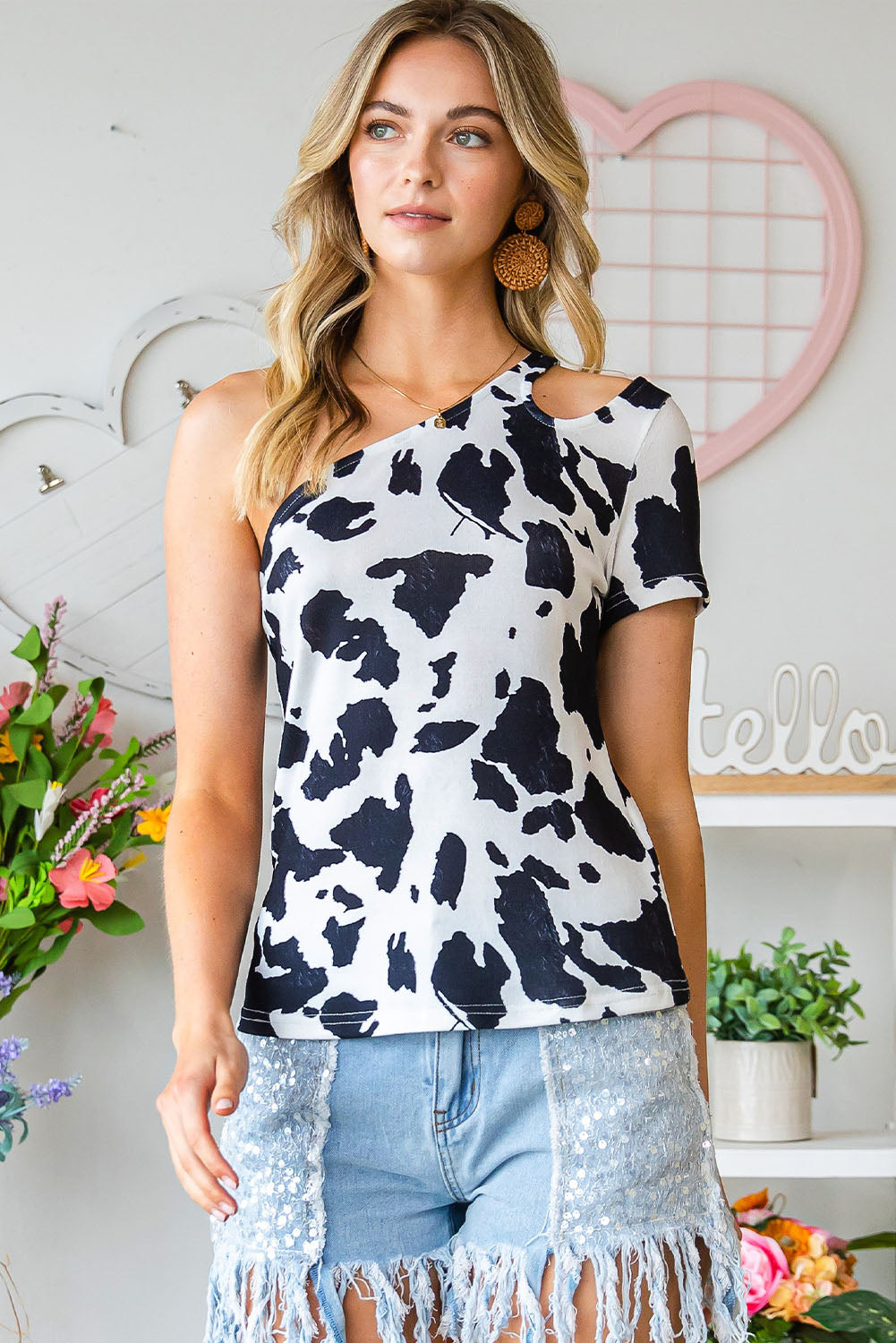 Printed Cutout One-Shoulder Top