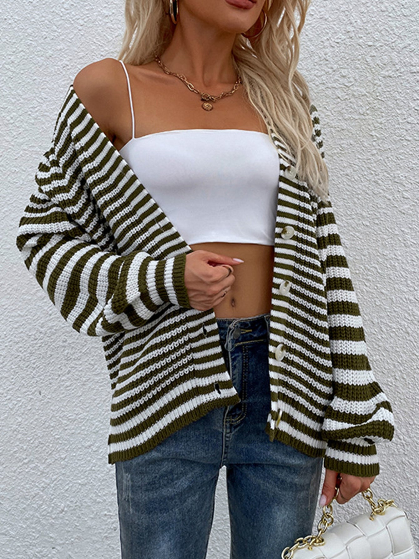 Striped Lantern Sleeve Button Down Cardigan