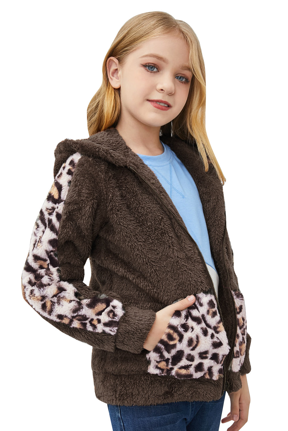 Kids Leopard Zip-Up Hooded Jacket with Pockets