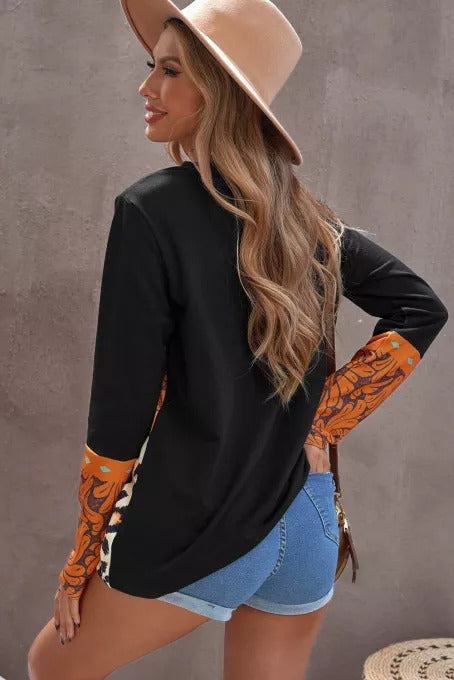 Mixed Print Color Block Long Sleeve Top