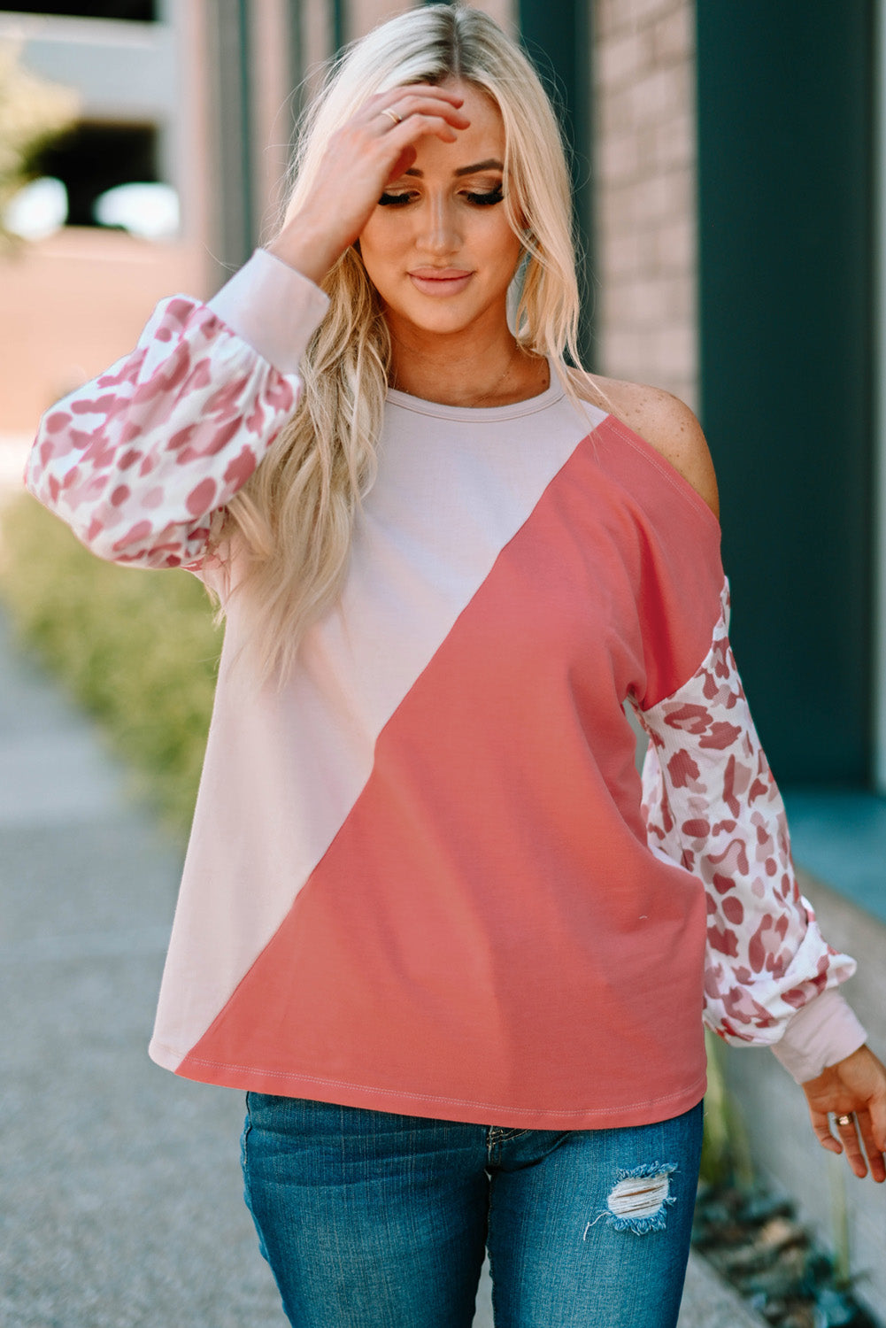 Leopard Color Block Cold-Shoulder Top