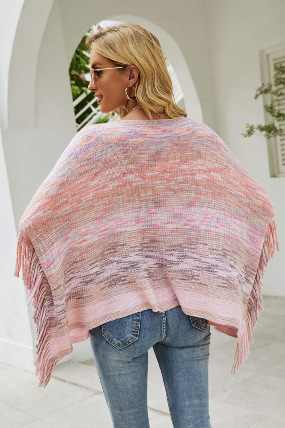 Heathered Boat Neck Fringed Poncho