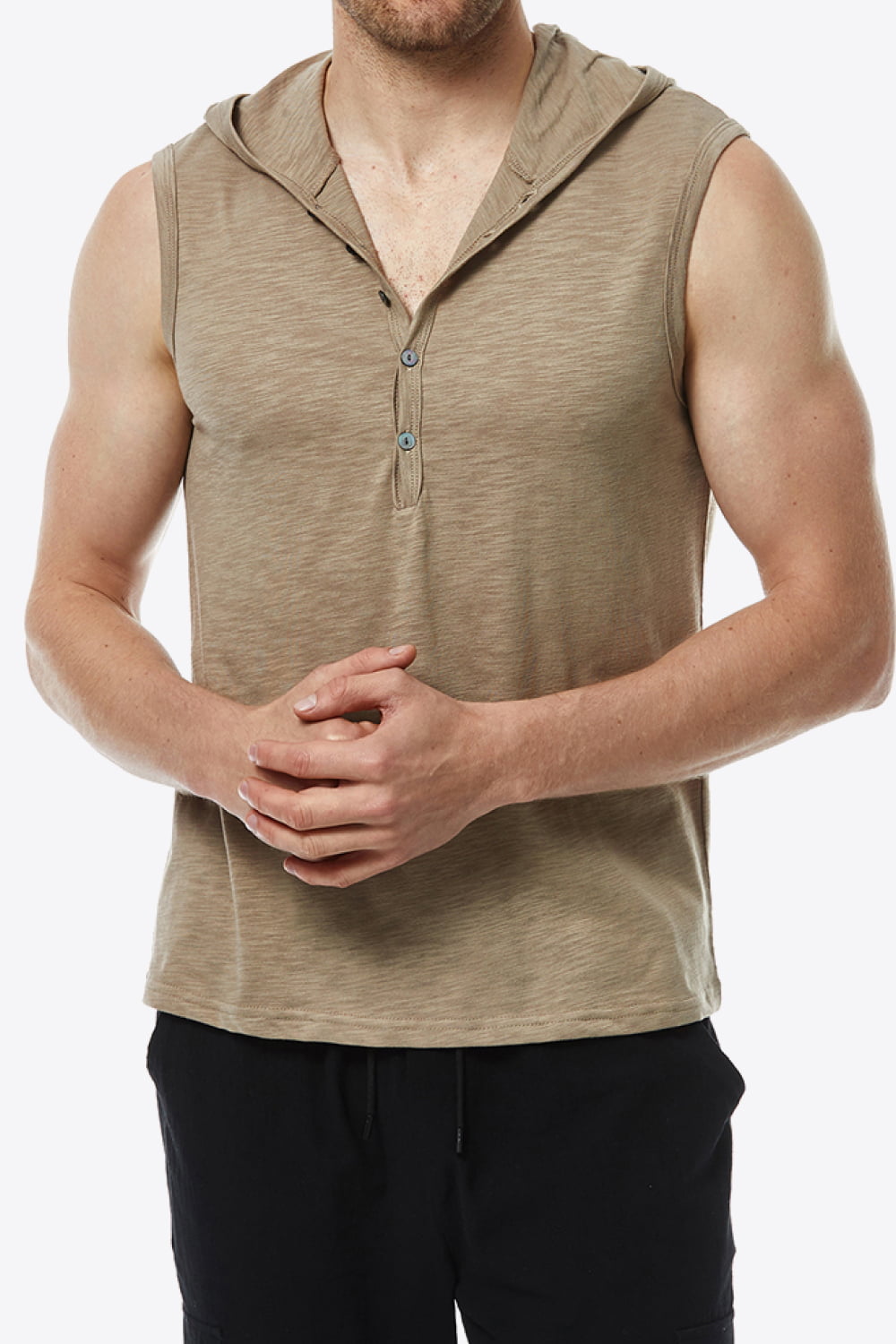 Quarter-Button Sleeveless Hoodie