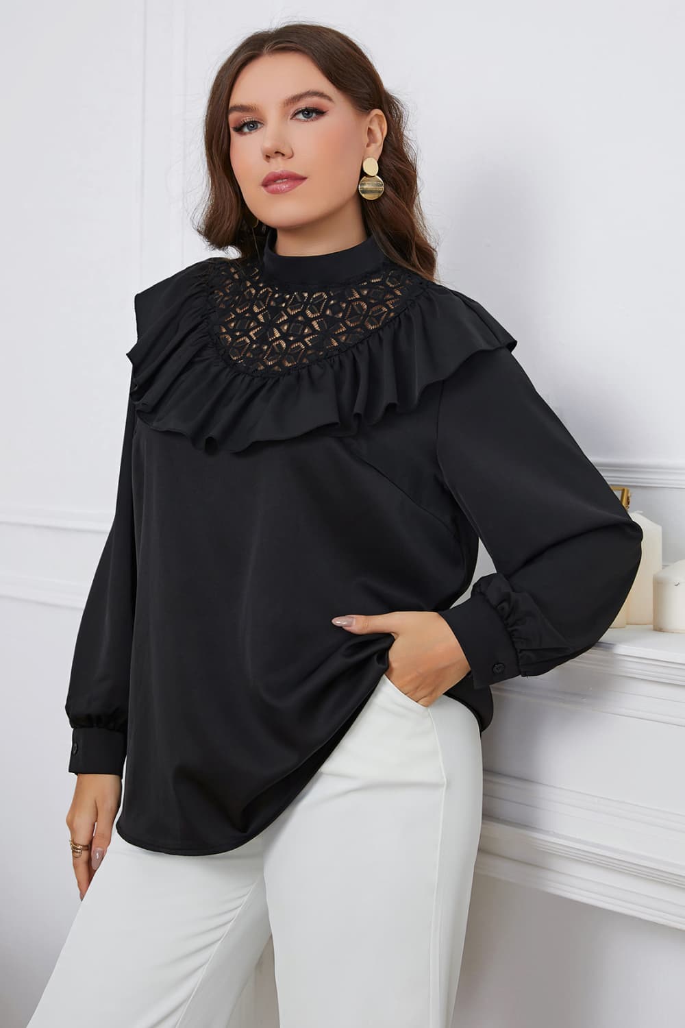 Melo Apparel Plus Size Ruffle Trim Mock Neck Blouse