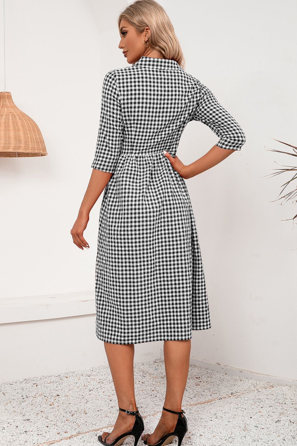 Plaid Collared Neck Midi Dress