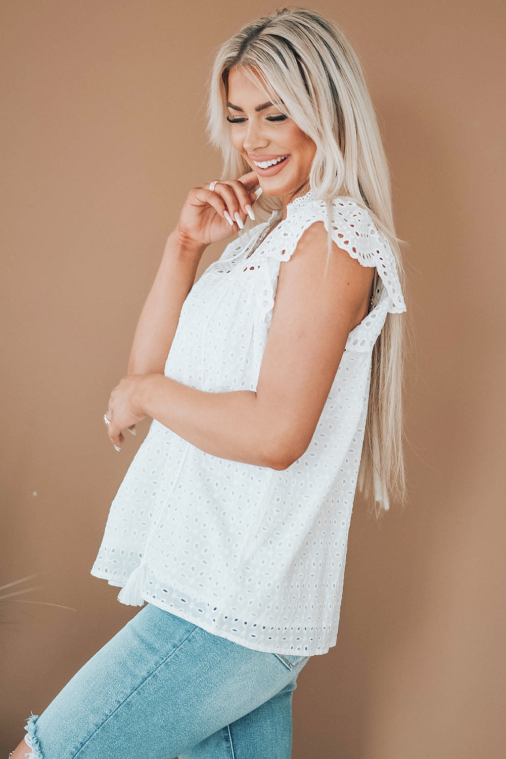 Eyelet Tassel Tie Flutter Sleeve Top