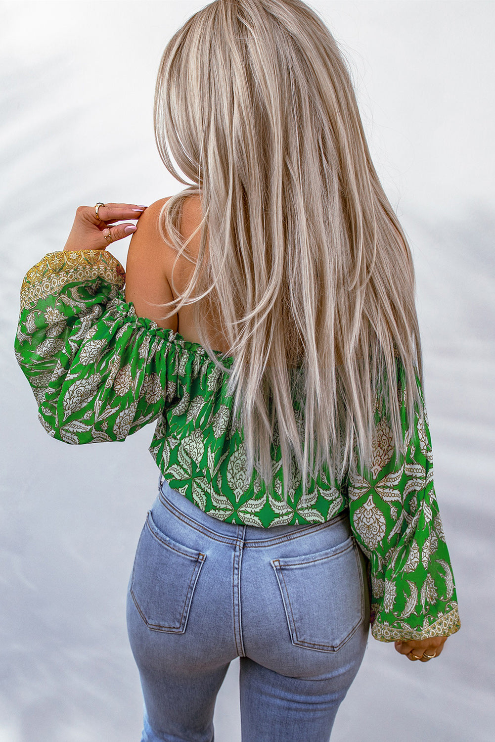 Printed Tassel Tie Balloon Sleeve Blouse