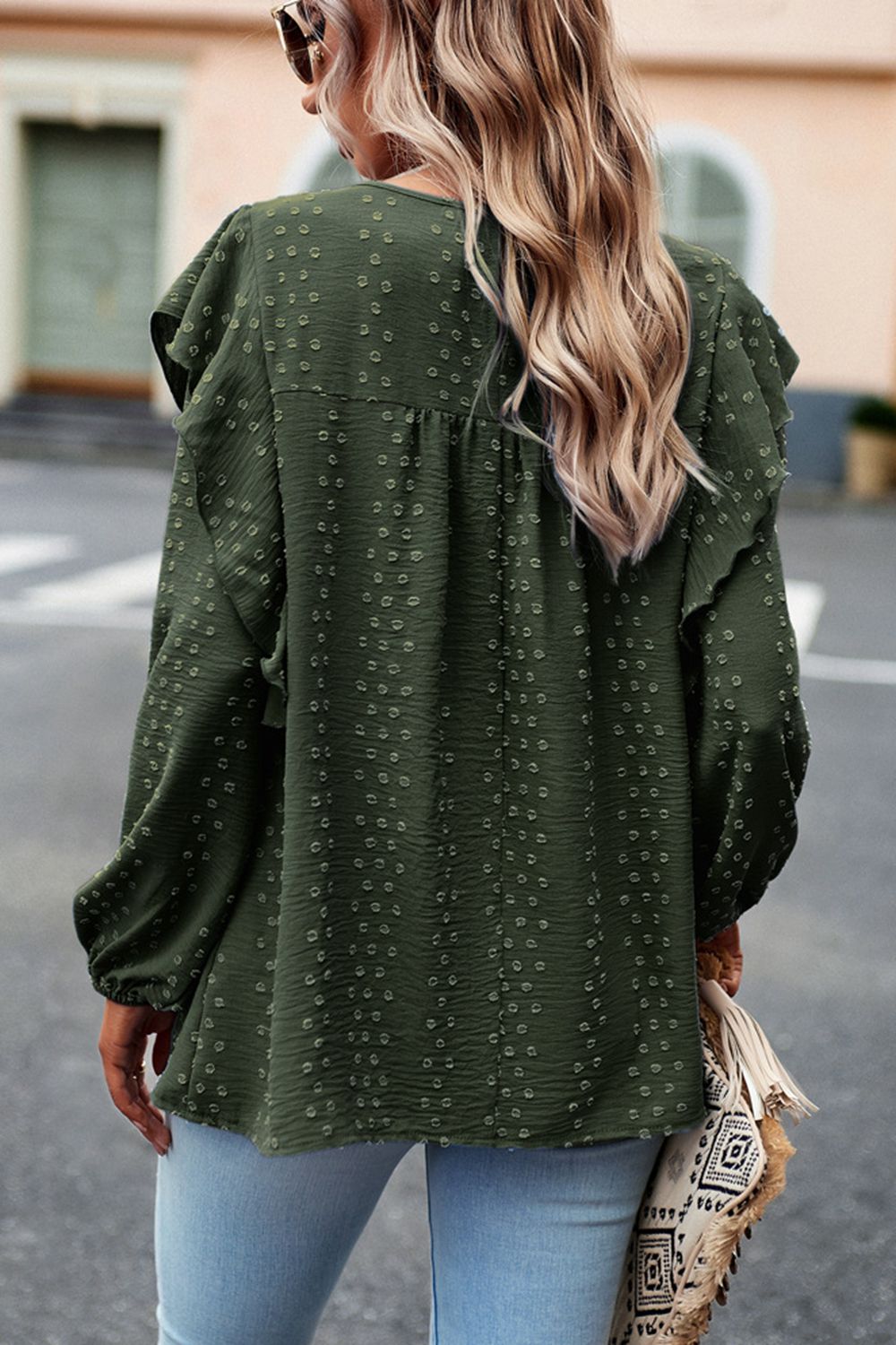 Ruffle Trim Balloon Sleeve Blouse