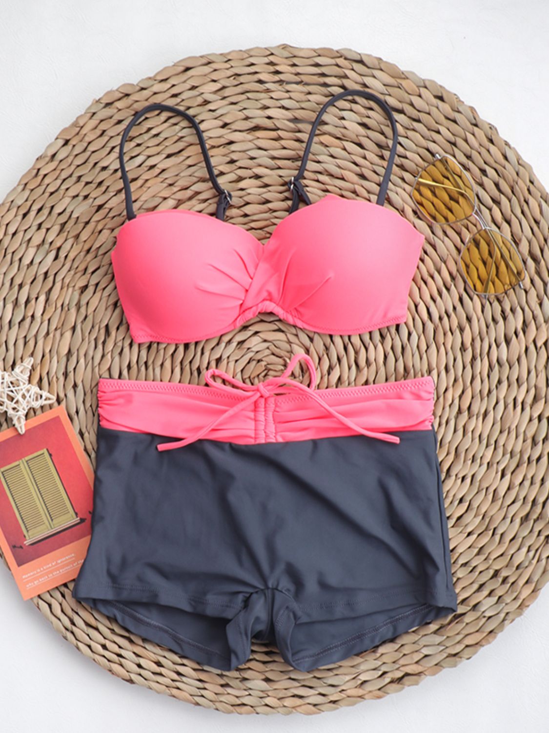 Two-Tone Ruched Bikini Set in Fuchsia Pink