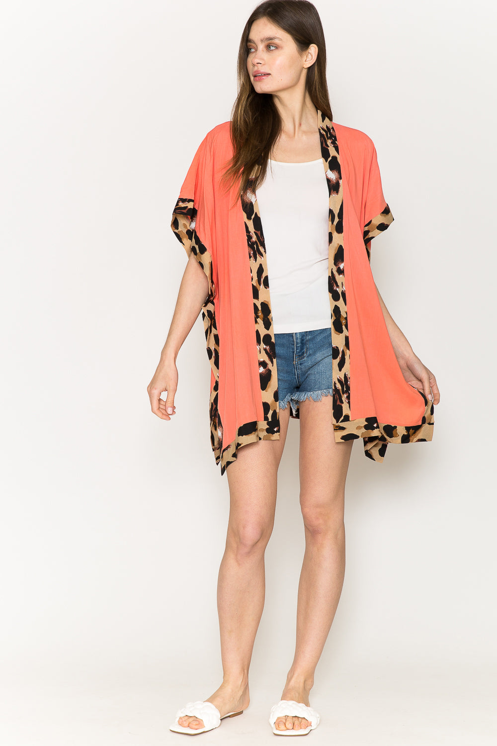 Justin Taylor Leopard Contrast Open Front Cardigan