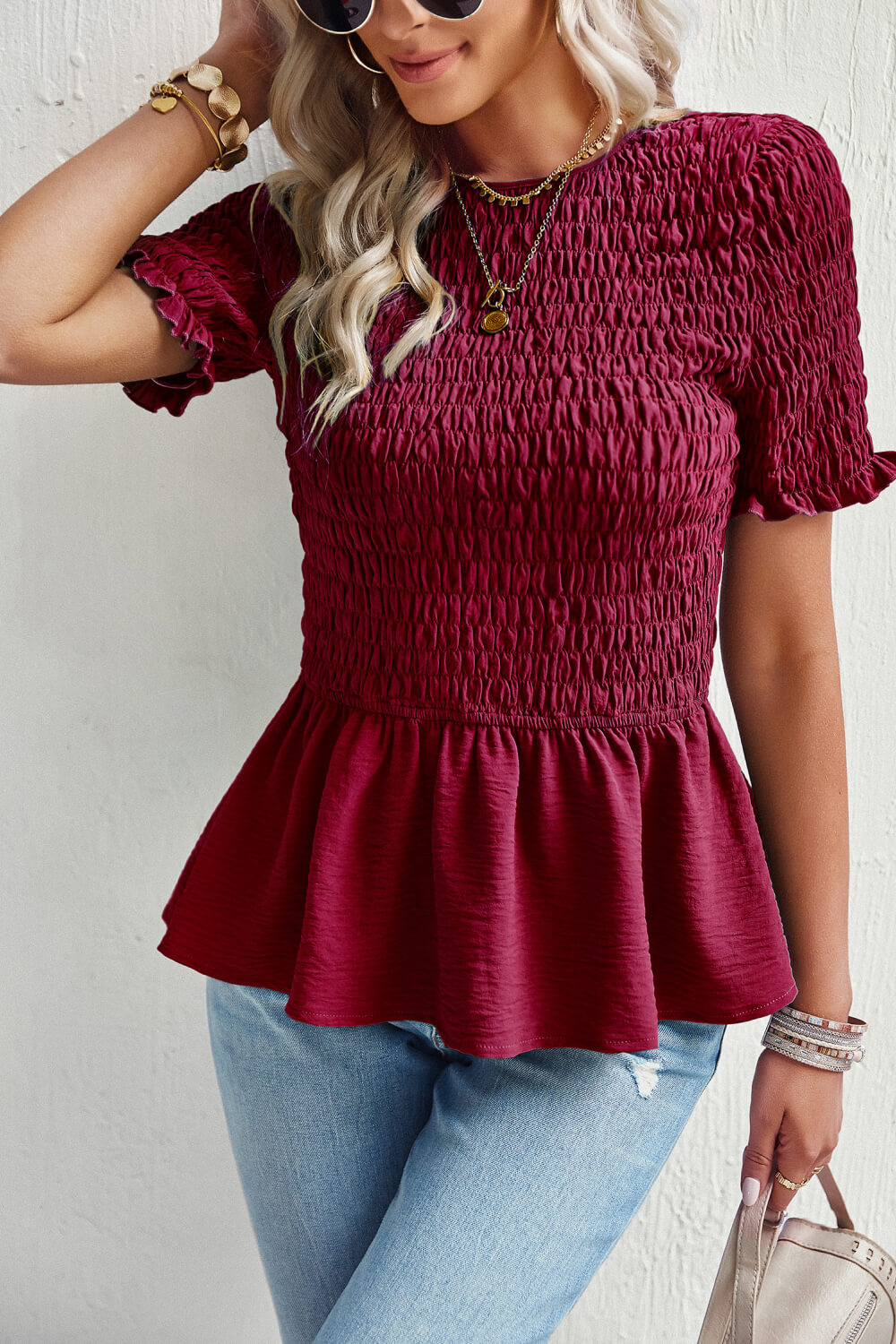 Smocked Round Neck Peplum Blouse