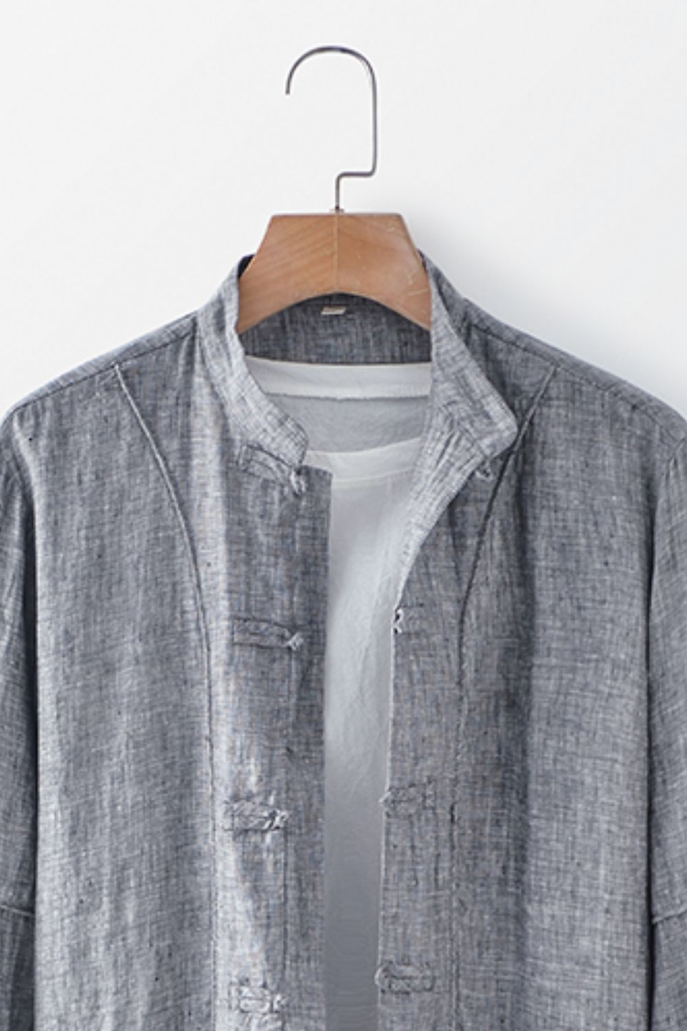 Buttoned Round Neck Long Sleeve Linen Shirt with Pockets