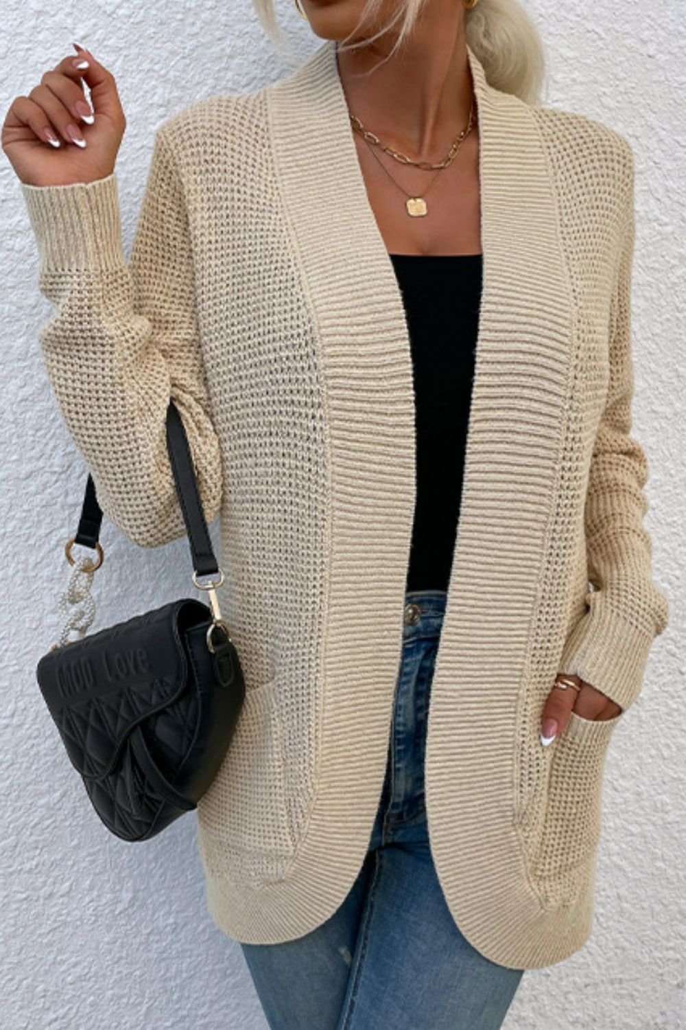 Ribbed Trim Longline Cardigan with Pockets