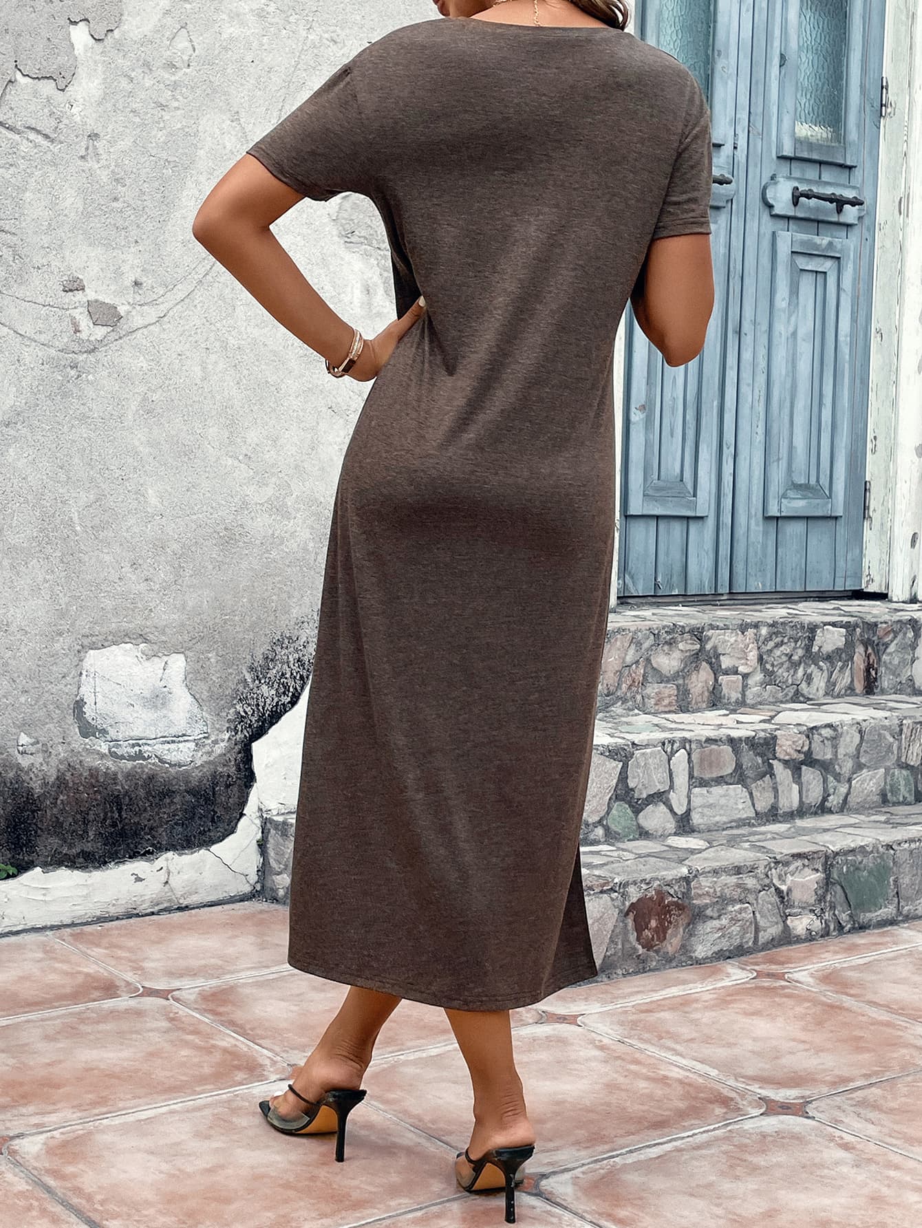 V-Neck Short Sleeve Slit Midi Dress