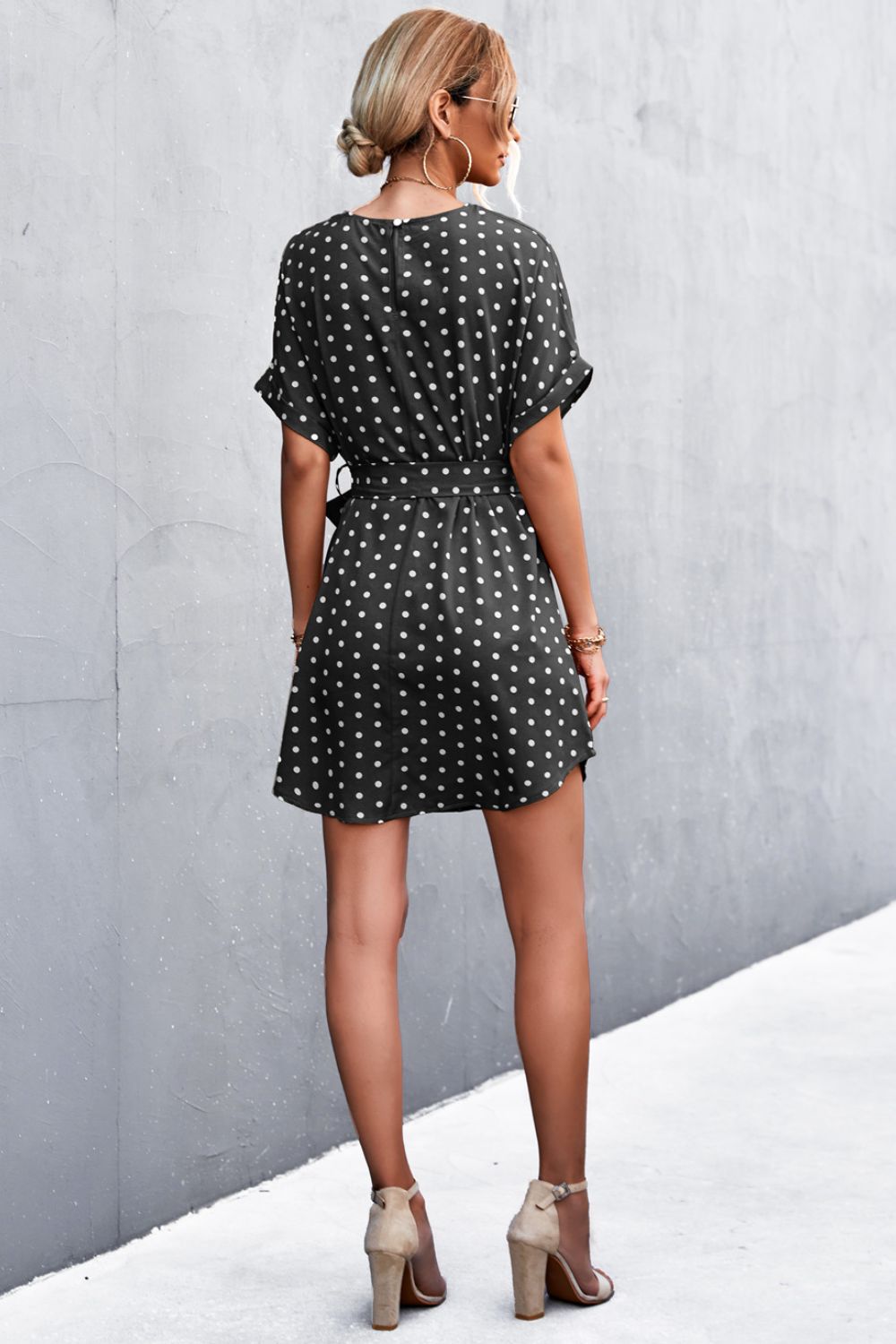 Polka Dot Tie-Waist Curved Hem Mini Dress