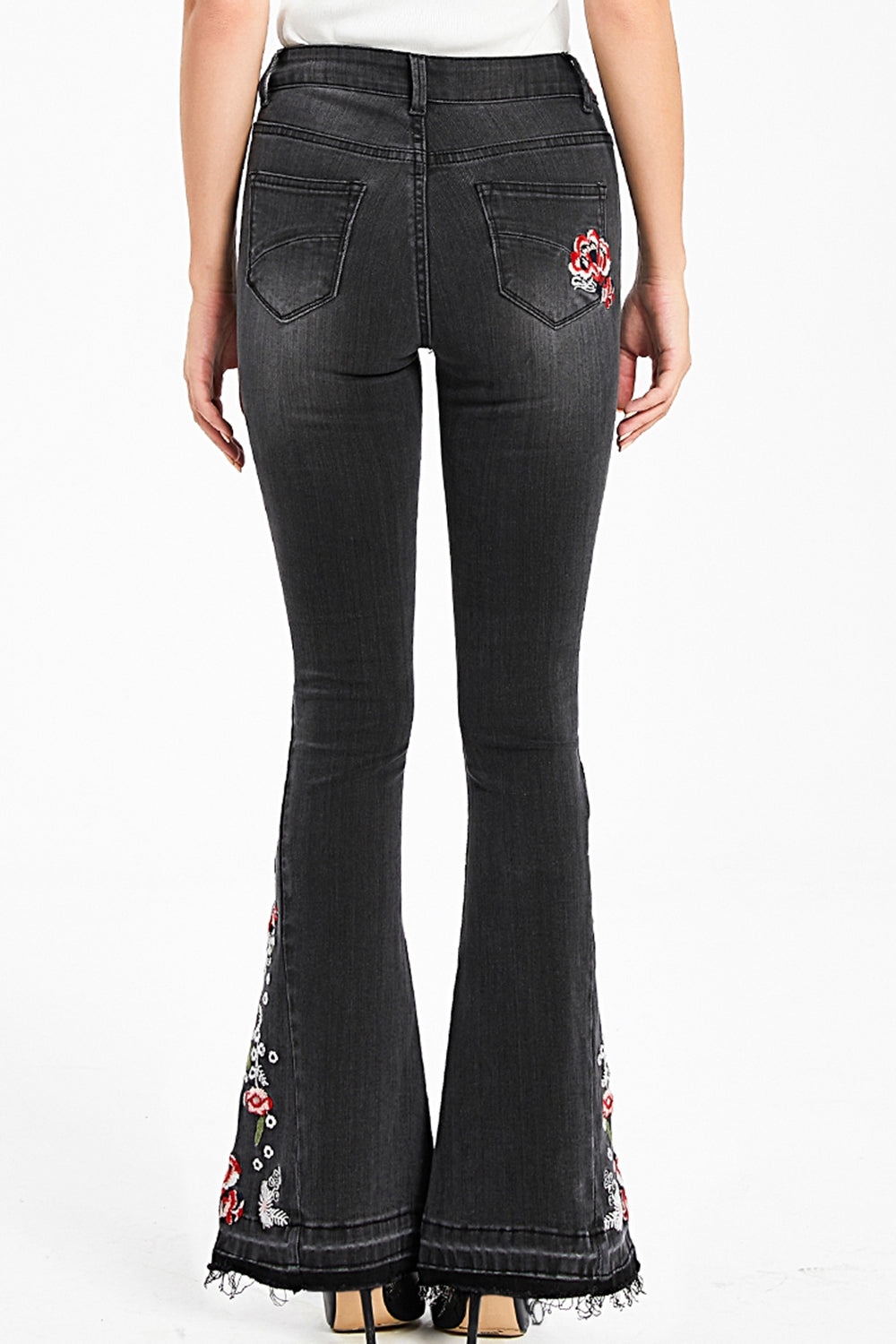 Full Size Raw Hem Flower Embroidery Jeans