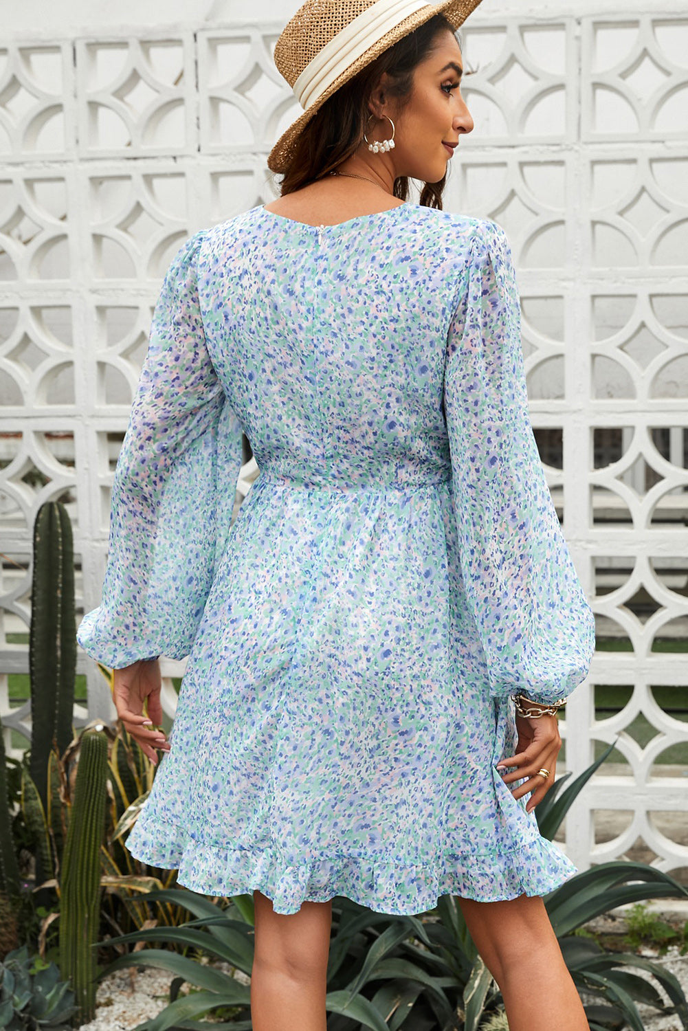 Ditsy Floral Cutout Drawstring Detail Puff Sleeve Dress