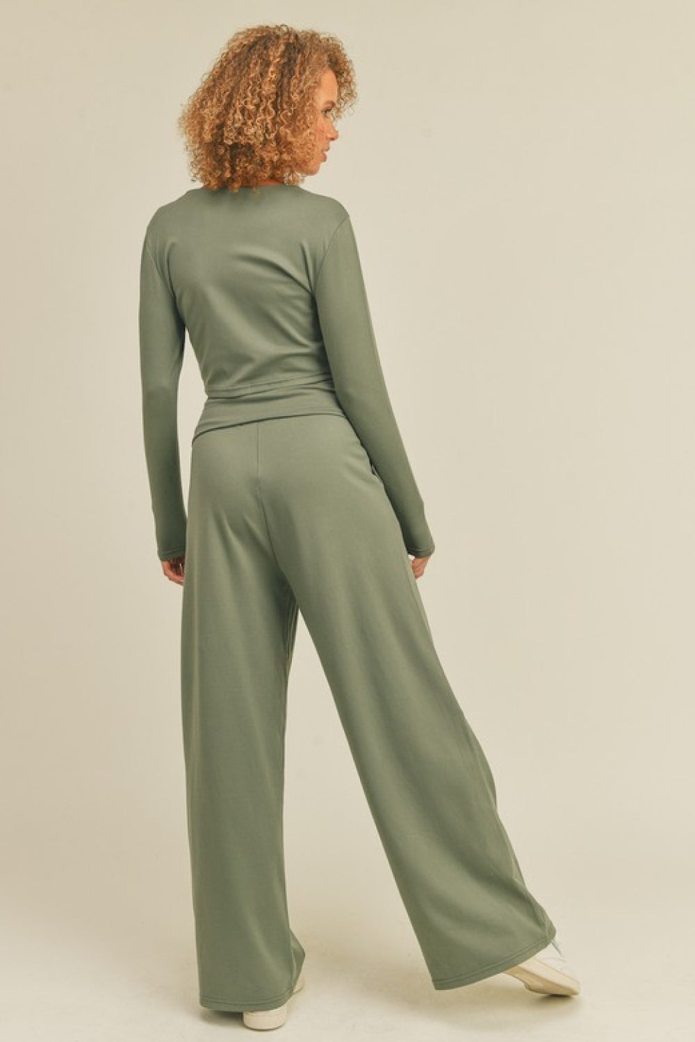 Kimberly C V-Neck Buttoned Top and Wide Waistband Wide Leg Pants Set