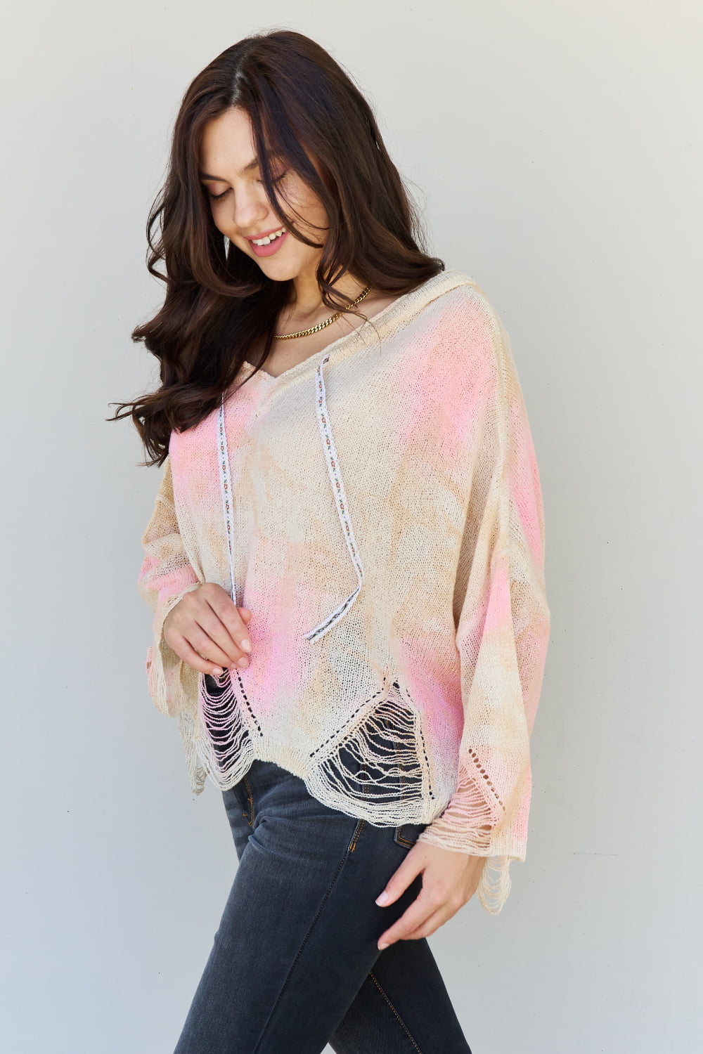 POL Mix It Up Tie Dye Hooded Distressed Sweater in Ivory/Pink