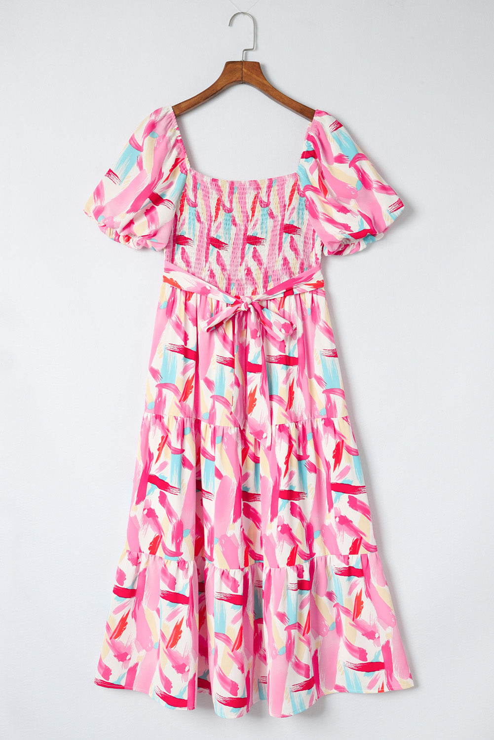 Printed Square Neck Tied Smocked Dress