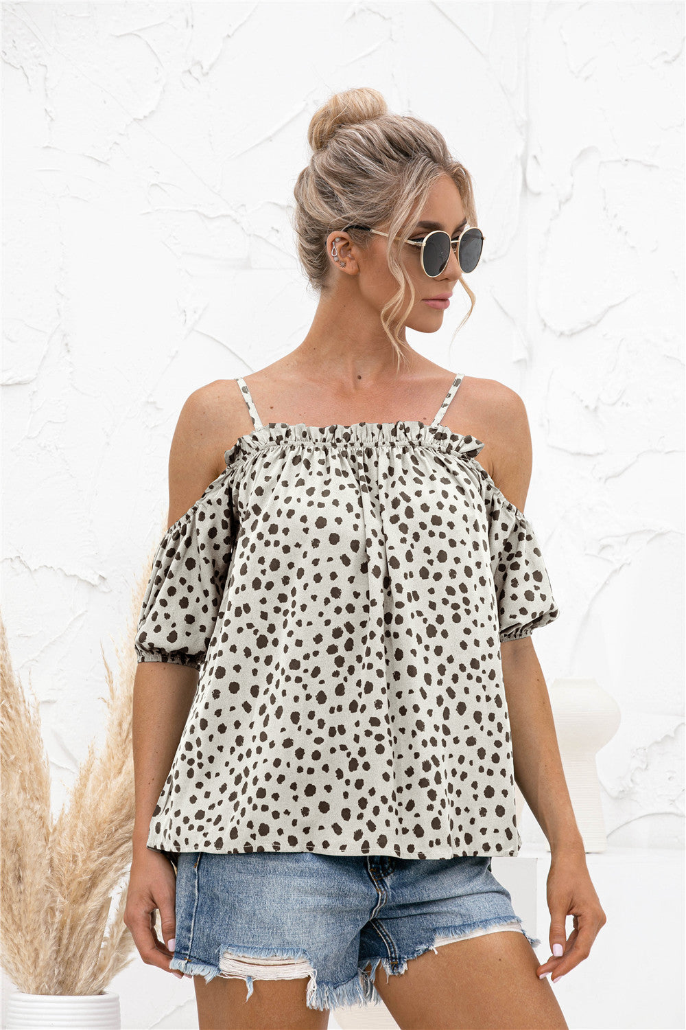 Printed Cold-Shoulder Frill Trim Blouse